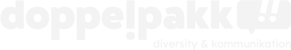 doppelpakk logo in weiss mit schriftzug diversity & kommunikation